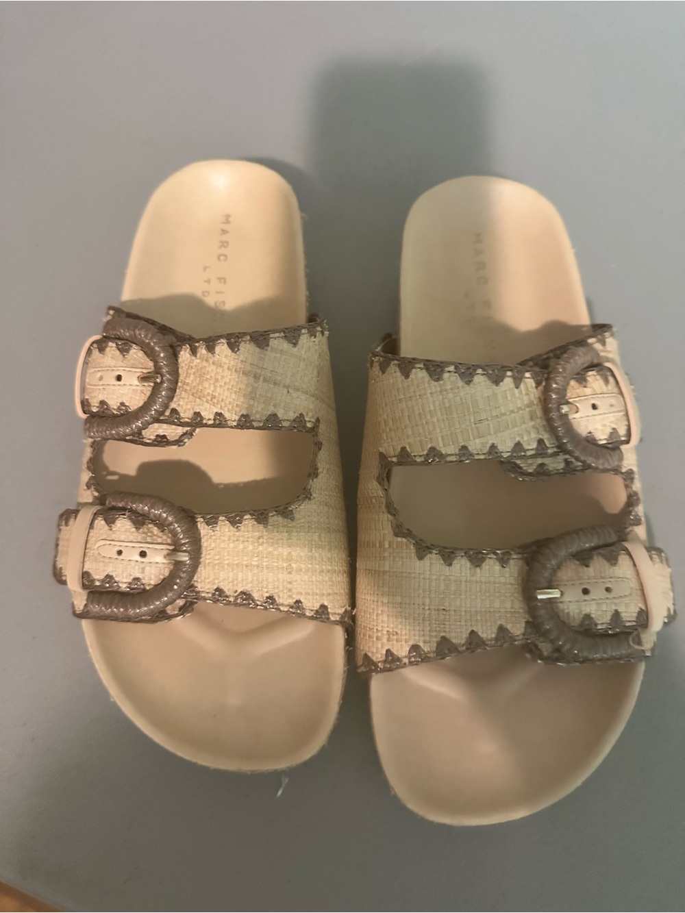 Marc Fisher Natural Raffia Double-Buckle Slide Sandals with Brown Trim